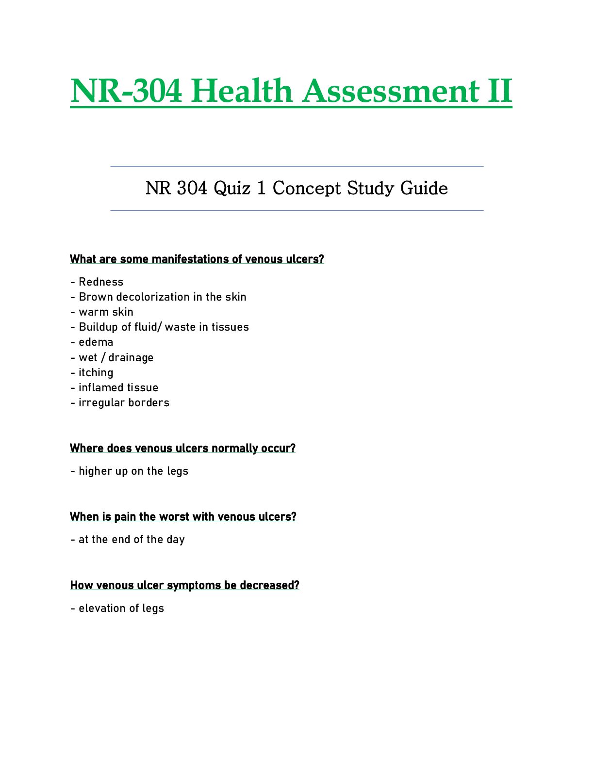 Preview of NR304 / NR-304 Quiz 1 Concept Study Guide  : Health Assessment II - Chamberlain